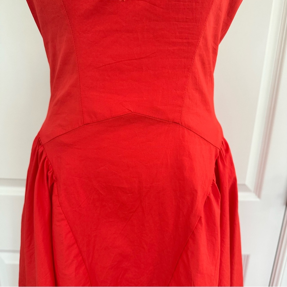 Aur Society Poppy Red Shirred Bodice Fit & Flare 100% Cotton FLOWY Dress Size S - Picture 6 of 16